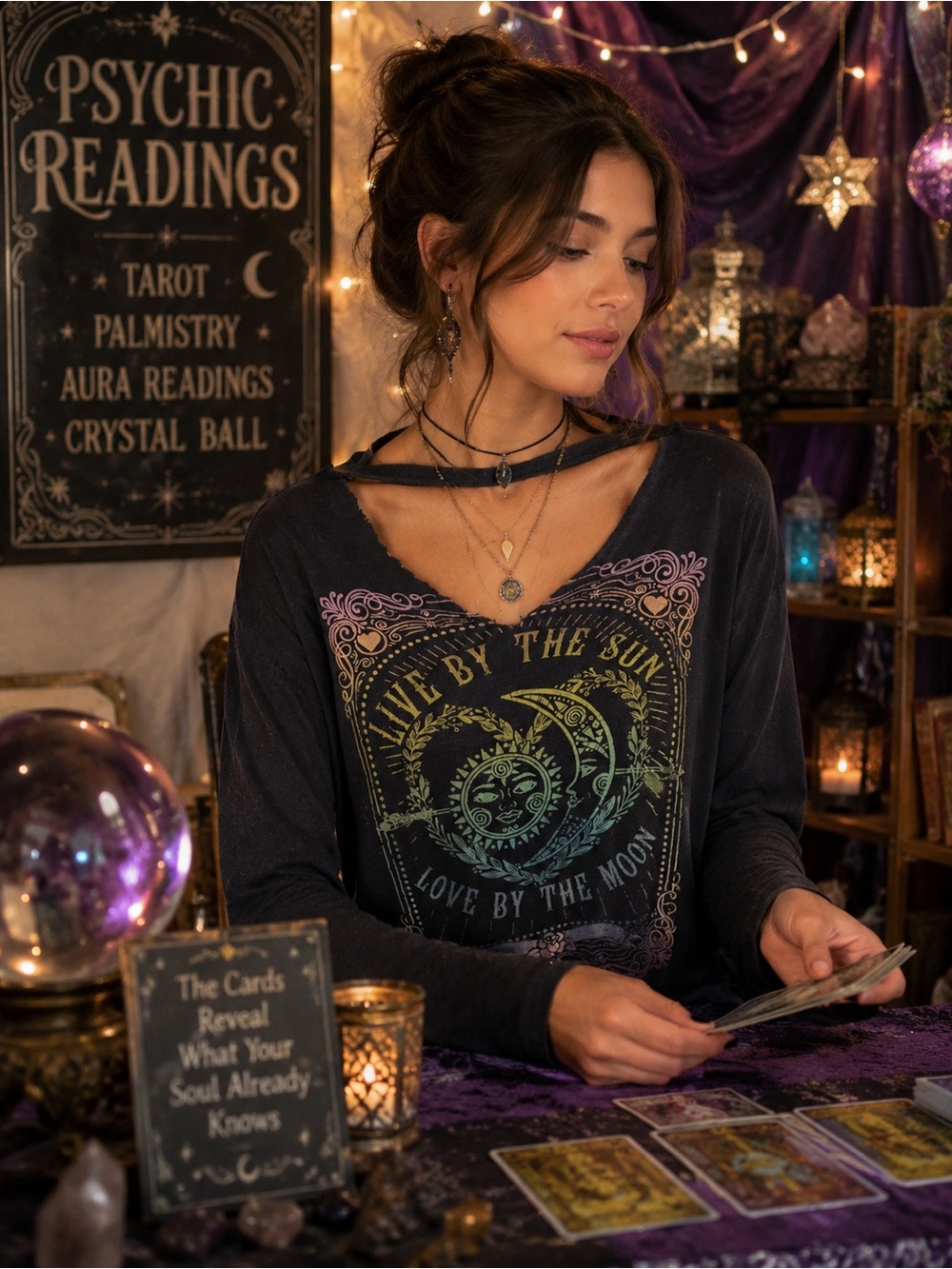 Moonchild Women's Black Graphic Long-Sleeve Boho Top with Sun & Moon Print